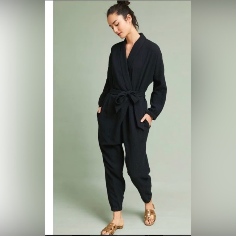 Hei Hei Anthropologie Benna wrap black Jumpsuit Drop Crotch Gauzy Shawl Collar.